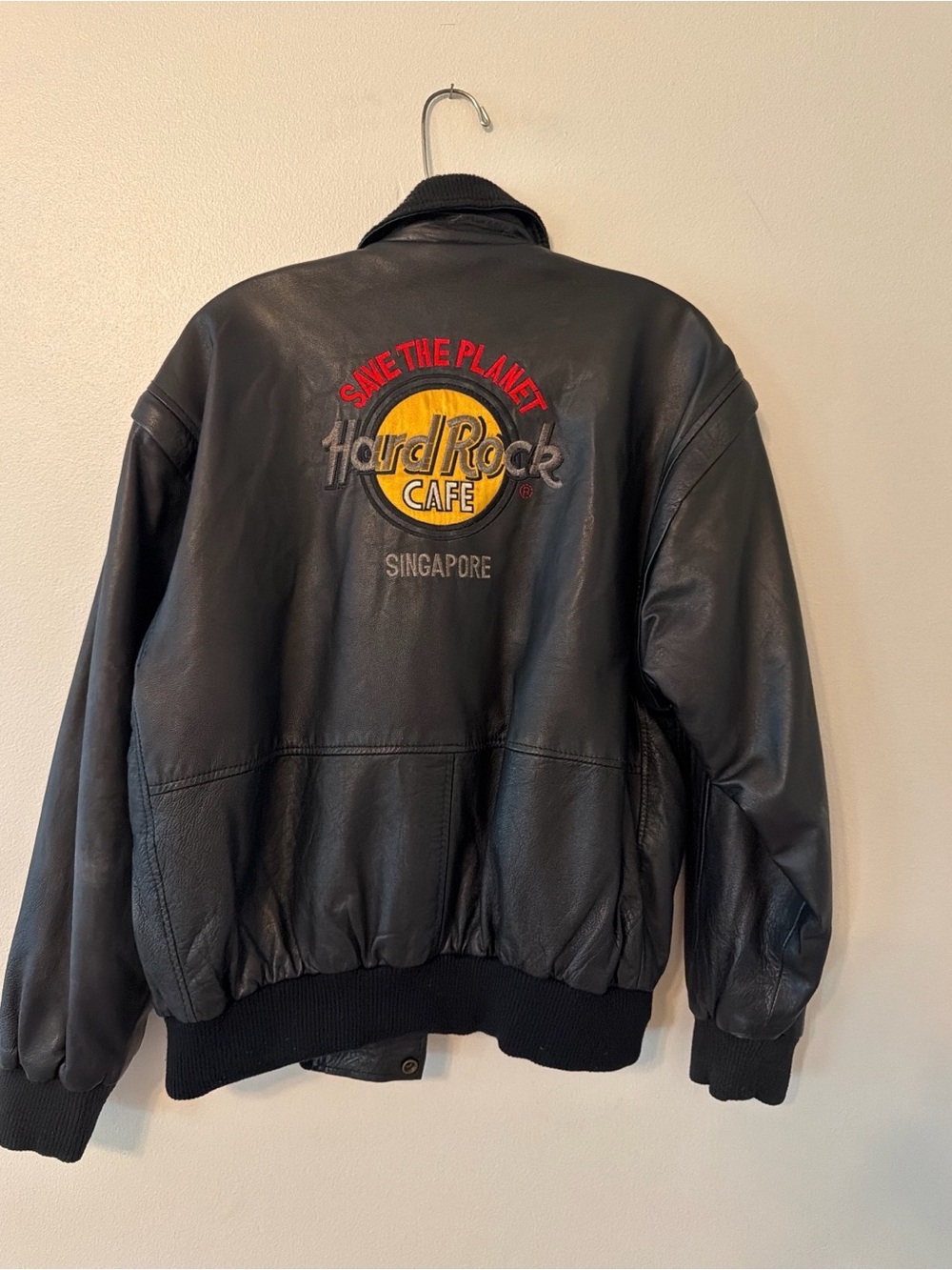 Hard Rock Cafe Black Leather Bomber Jacket with Yellow Logo